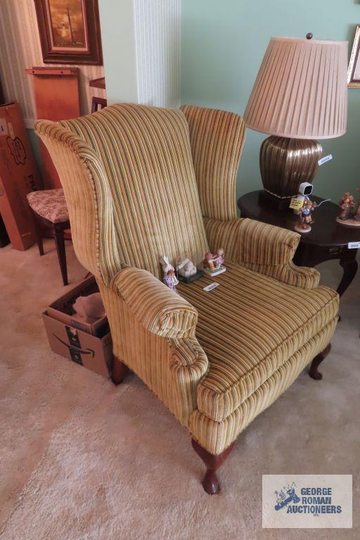 Pair of gold stripe wingback chairs by Halligan