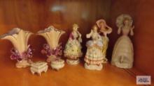 Victorian figurines, small trinket boxes, and vases