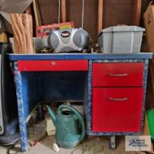 Metal desk, vintage wooden step stool, boombox, hardware, decorative wood pieces and etc