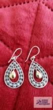 Two tone teardrop shades dangle earrings marked 925 and 14K 3.7 G (Description provided by seller)