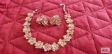 Caro pink floral and rhinestone necklace and earrings set