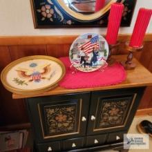 Patriotic needlepoint wall hanging, Knowles patriotic plate and candle holders with candles