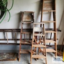 4 ft, 5 ft, and 6 ft wooden step ladders with wooden extension ladder