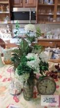 Green and white florals, alarm clock and bear music box.
