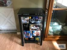 MODERN BLACK SIDE TABLE WITH SQUARE GLASS SHELVES. CONTENTS ON SHELVES NOT INCLUDED.