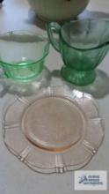 Green and pink depression glass dishes