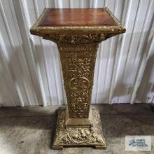 Ornate antique metal and wooden pedestal, 37 in. tall by 16 in. wide