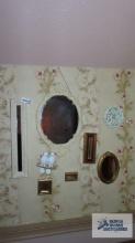 mirror with cast iron frame, bird figurine and other decorative mirrors