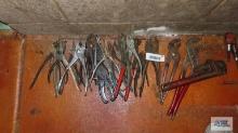 Lot of assorted pliers, needle nose pliers, channel lock pliers, pipe wrench and etc