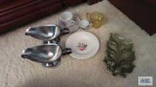 Miscellaneous items, cups and saucers, ashtray, leaf dish and etc