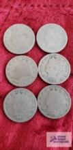 (6) V nickels (2) 1907, 1908, 1910, and two are unreadable