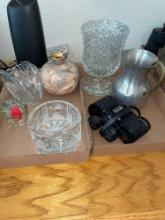Glass decorative w/ pewter brass handle pitcher and binoculars