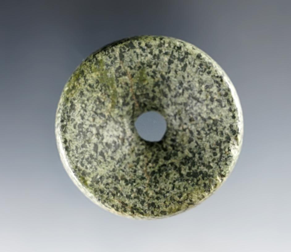 2" diameter highly developed Discoidal - beautiful green speckled Granite. Nice overall finish - IL.