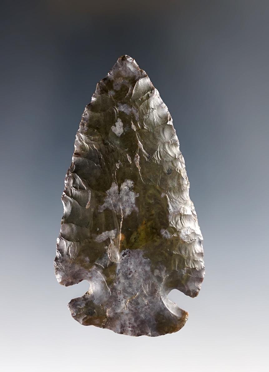 2 7/8" well made Archaic Cornernotch found in Ohio. Made from glossy Coshocton Flint.
