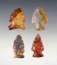 Set of 4 highly colorful Flint Ridge points found in Ohio. The largest is 1 1/2".
