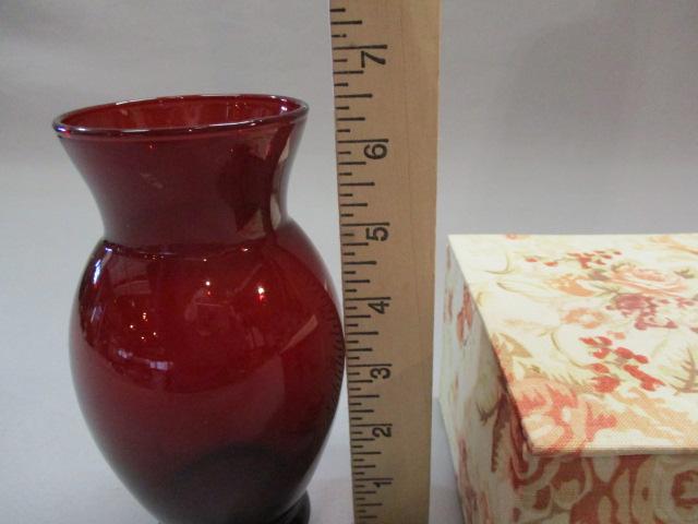 Anchor Hocking Ruby Red Vase 6 1/2" & Decorative Box