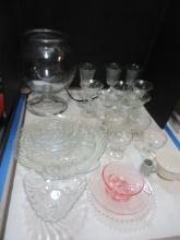Glassware Grouping-Crystal Stemware, Candlewick Plate, Pink Depression Glass