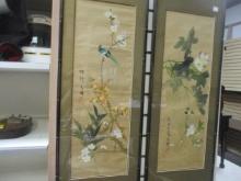 Two Signed Original Paintings of Chinese Birds in Flowering Bushes