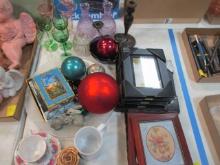 1/4 Table Lot-Stems, Vases, Tiffany Window Cards, Frames,
