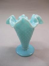 Vintage Fenton Hobnail Turquoise Milk Glass Ruffled Edge Vase 4"