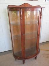 Vintage Oak Bow Front Lighted China Cabinet w/Glass Shelves