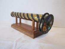 Artisan Hand Crafted Brass Kaleidoscope with Stained Glass Wheels and Oak Stand