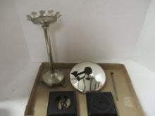 Clawfoot Pewter Candlestick, Mercury Glass Oil Lamp Reflector, etc.