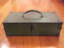 Old Painted Tin Covered Wooden Tool Box with Removable Wood Tray