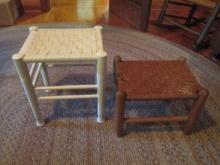 Vintage Painted White Wood Stool with Woven Seat and Wood Stool with