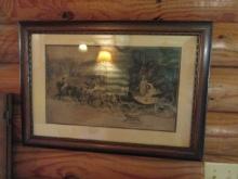 Vintage Oak Frame Victorian Hunt Scene Lithograph