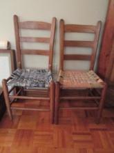 Two Vintage Ladder Back Chairs with Hand Woven Fabric Seats