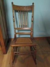 Antique Victorian Oak Spindle Back Rocker with Caned Seat