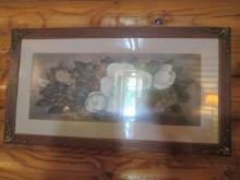 Vintage Magnolia and Fruit Still Life Lithograph in Oak Frame with Brass Corner Appliques