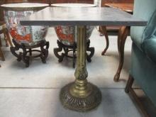 Antiqued Finish Cast Metal Pedestal Base Slate Table
