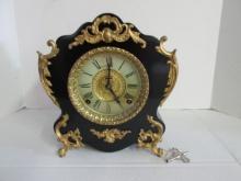 Antique E. Ingraham Co. "Cute" Restored Metal Case Mantle Clock with Gold Tone Embellishments