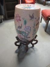 Chinese Porcelain Garden Stool on Wood Stand