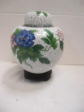 Vintage Chinese Cloisonne Ginger Jar with Lid and Wood Stand