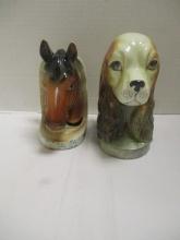 2 Vintage Ceramic Pottery Animal Head Bookends  - Horse and Dog