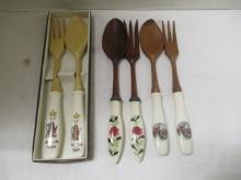 3 Sets of Wooden Spoon and Serving Fork with Porcelain Handles