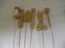 Collection of Wood Sewing Notions with Wire Holders