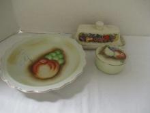 3 Pieces of Painted Fruit Serving Pieces - Butter Dish, Pie Plate, Covered Jar