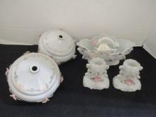 Vintage Pink Roses Porcelain Pieces - Lamp Shades, Candlesticks, Bowls