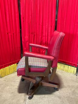 Vintage Red Vinyl and Wooden Swivel Arm Chair. Blue Cushion Upholstery. See pics.