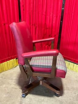 Vintage Red Vinyl and Wooden Swivel Arm Chair. Blue Cushion Upholstery. See pics.