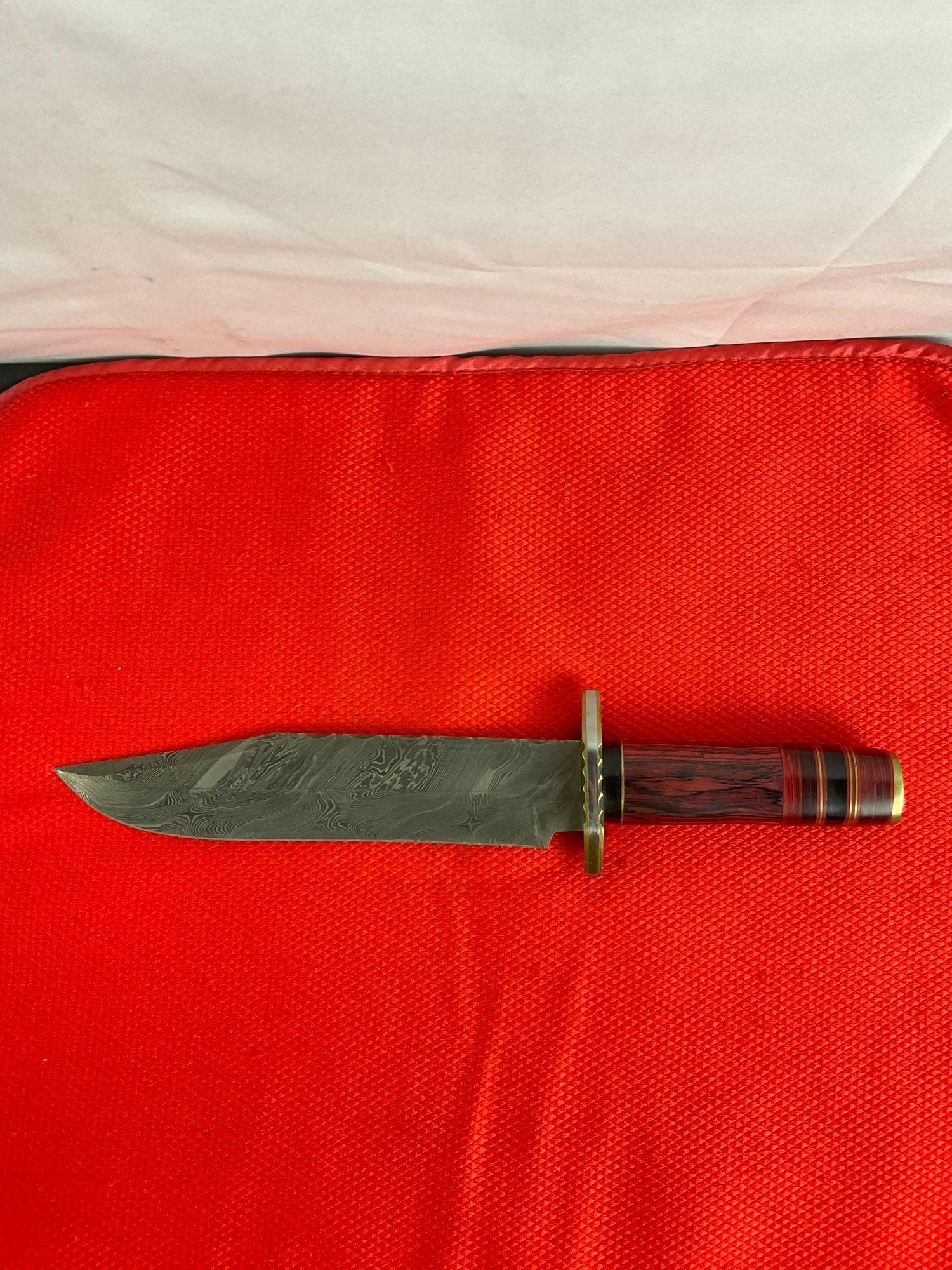 8" Steel Fixed Blade Bowie Knife w/ Etched Blade, Wooden Handle & Embossed Leather Sheath. NIB. See