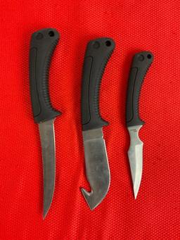 3 pc Rocky Mountain Steel Fixed Knife Hunting Knife Gift Set w/ Canvas Sheath Model KC202. NIB. See