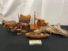 Wooden Hand Carved Figures, Cannon Office Pen Holder, Ox Cart, Deer Figures, Boat on Driftwood Log