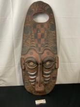 Large African Mask Carved Wood, Painted Red & Black, 35 inch tall