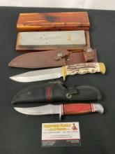 Smiths Whetstone & Pair of Fixed Blade Knives, Mossy Oak w/ Stag & Brass Handle & Coast