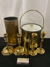 4x Candlesticks - 2 of which are Baldwin, Tank Cannon Shell Casing, Brass Kaleidoscope, & Ice Buc...